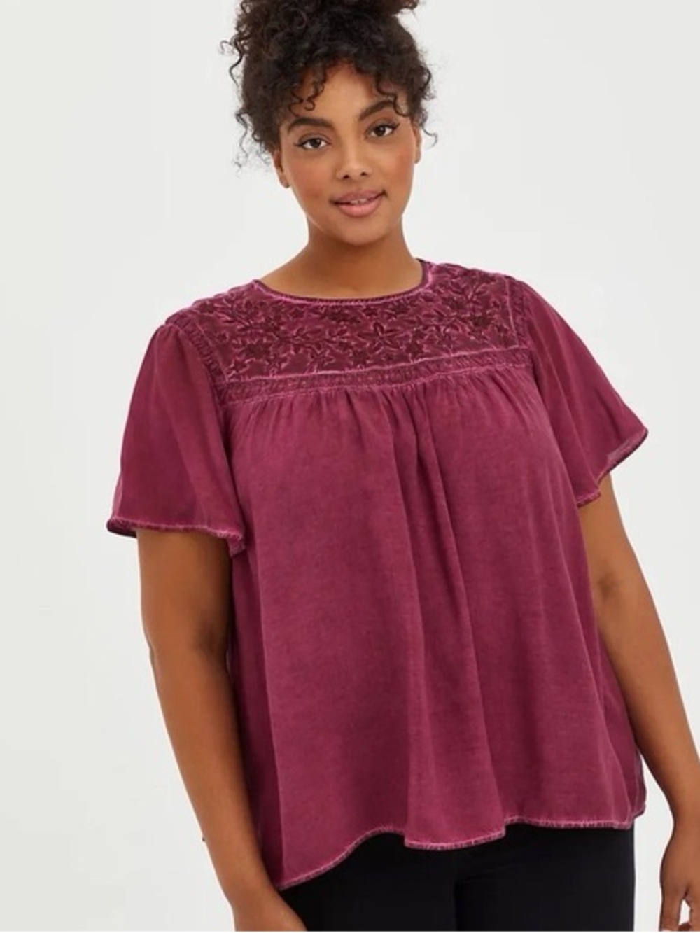 Torrid Challis Embroidered Short-Sleeve Blouse Wine Size 2X